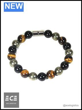 Triple Protection Bracelet Black Tourmaline Tiger Eye Pyrite Beaded Cuff 9 in